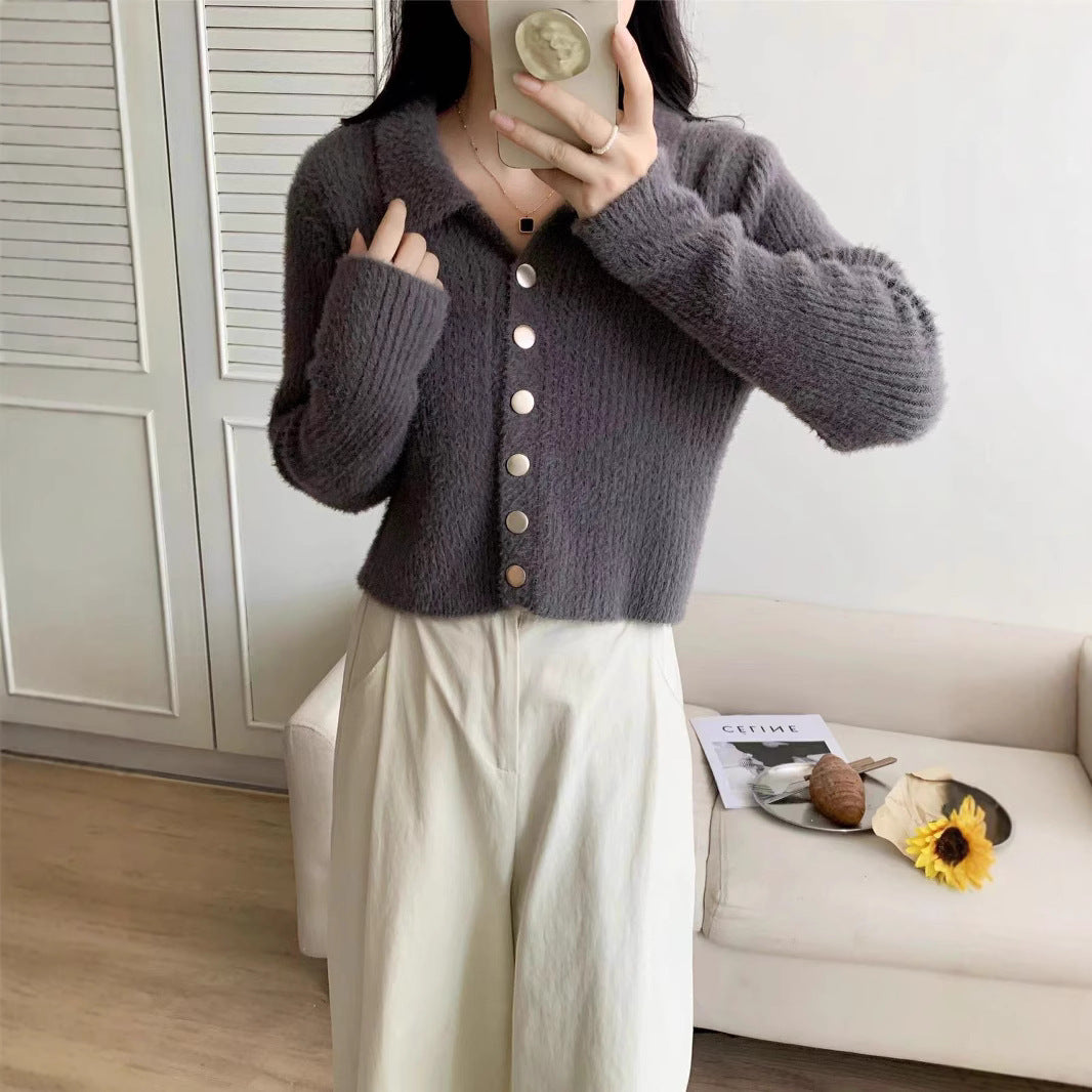 Damen Kurzstrickjacke V-Ausschnitt mit Knöpfen