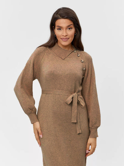 Damen Strickkleid Gürtel Knopfdetails Eveloria