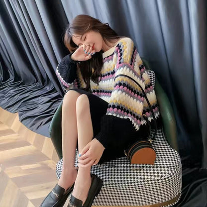 Damen Strickpullover Bunt Blockmuster Voluminöse Ärmel Eveloria