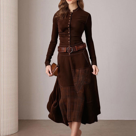 Damen Elegantes Midi-Kleid Knopfleiste Kontrastdetails - Eveloria
