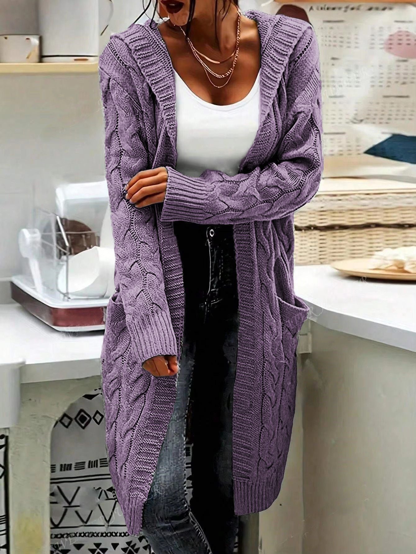 Damen Grosstrick Cardigan mit Kabelmuster und Taschen