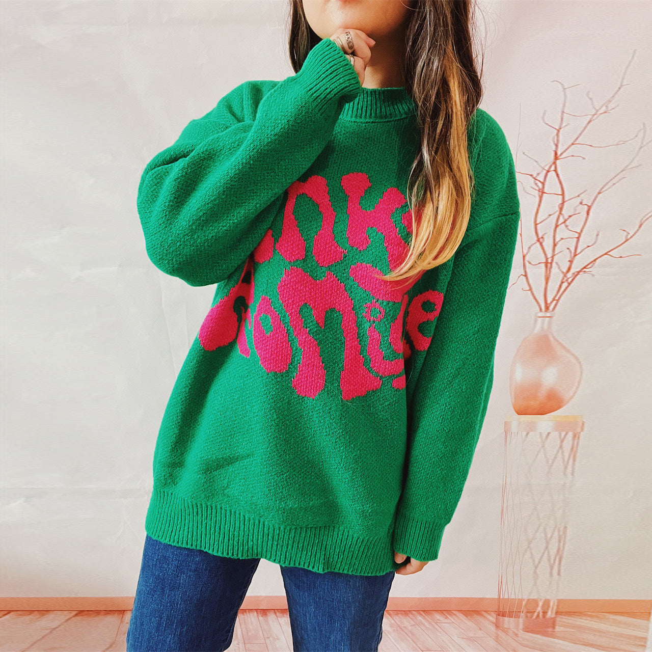 Damen Pullover mit Textdesign Grau