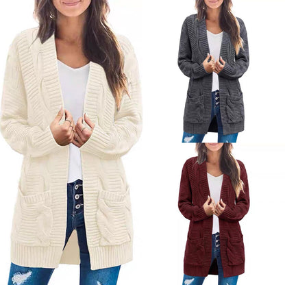 Damen Grobstrick Cardigan mit Taschen Strukturierter Look Beige - Eveloria