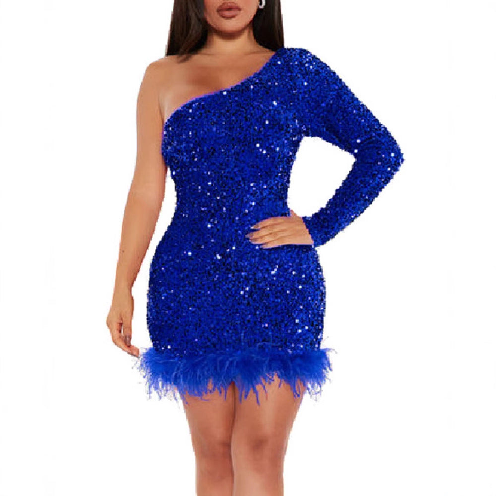 Damen Partykleid Asymmetrisch Mit Federn