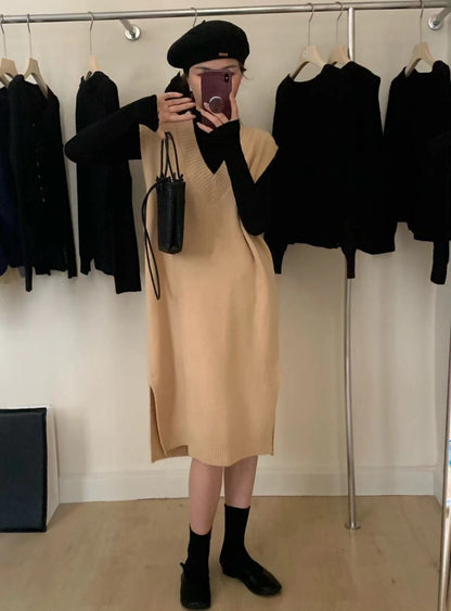 Damen Strickkleid V-Ausschnitt Seitenschlitz Eveloria