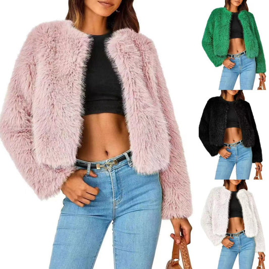 Damen Fleecejacke mit Fell-Design und Volumenärmeln Schwarz - Eveloria