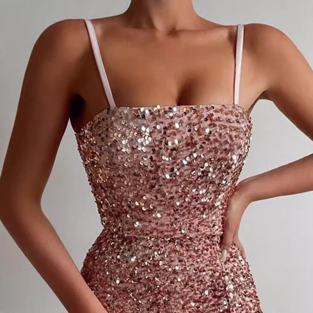 Damen Pailletten-Kleid mit Schlitzen und Spaghetti-Trägern Eveloria