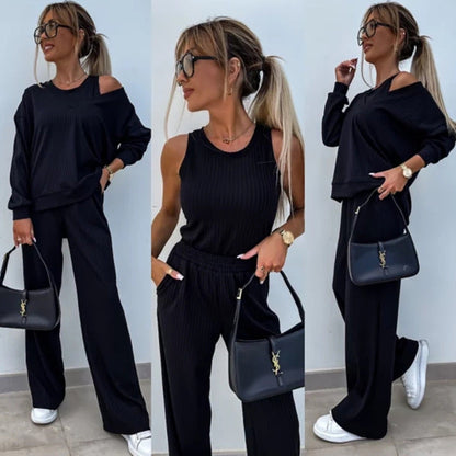 Damen Lounge-Set Schulterfreies Oberteil Weite Hose Eveloria