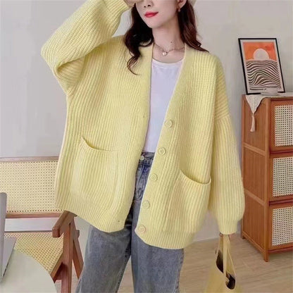 Damen Strickjacke V-Ausschnitt Kuschelig Mit Taschen Grau