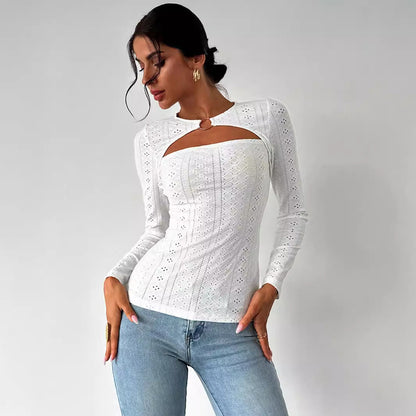 Damen Langarmshirt Baumwolle Dekorativ Cut-Out-Details Weiss