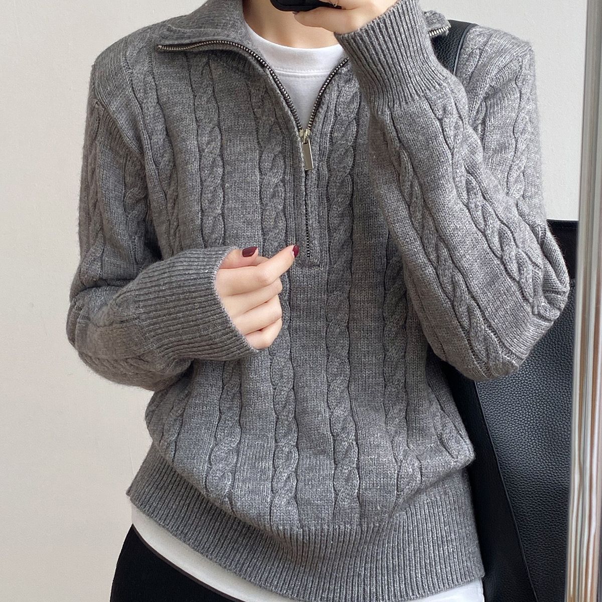 Damen Strickpullover Zopfdesign Stehkragen Eveloria