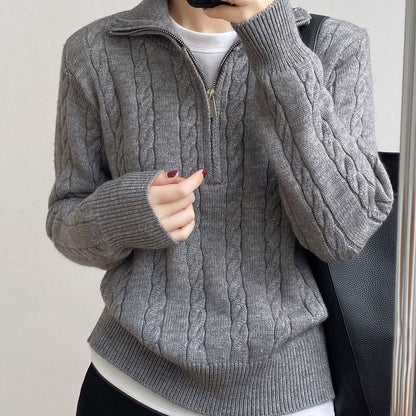 Damen Grobstrickpullover Hochkragen Zopfmuster