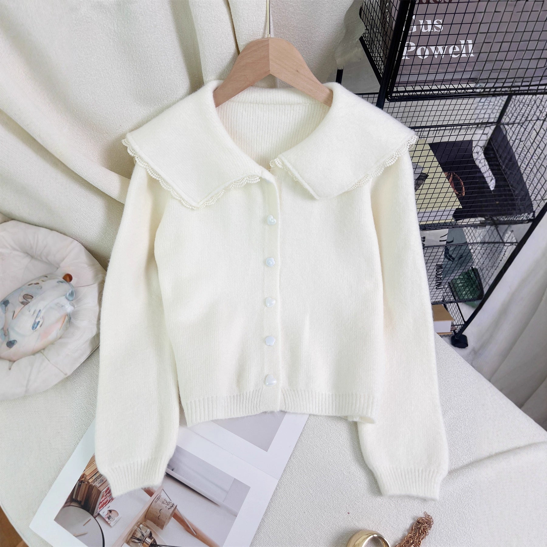 Damen Strickjacke Großer Kragen Dekorative Knöpfe Grau - Eveloria