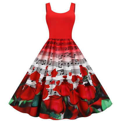 Damen Swingkleid Rosenmuster Weit Rock