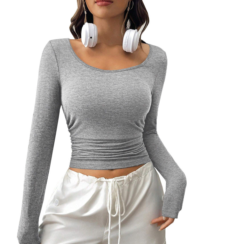 Damen Cropped Langarmshirt Figurbetonter Stoff Raffungselemente