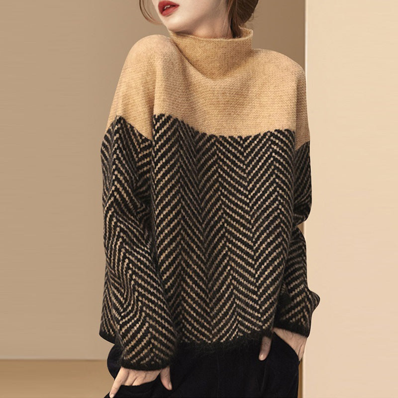 Damen Pullover Zickzack-Muster Hochkragen Braun - Eveloria