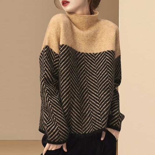 Damen Pullover Zickzack-Muster Hochkragen Braun - Eveloria