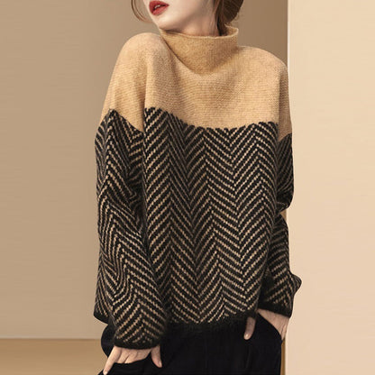 Damen Grobstrickpullover Hochgeschlossener Kragen Chevron Muster - Eveloria