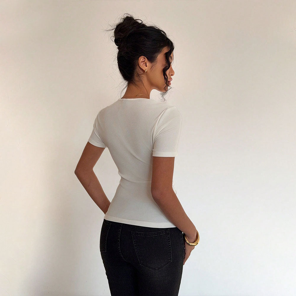 Damen Kurzarmshirt Asymmetrischer Ausschnitt Raffung