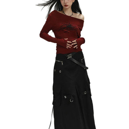 Damen Langarmshirt Asymmetrischer Ausschnitt Grafikdruck Eveloria