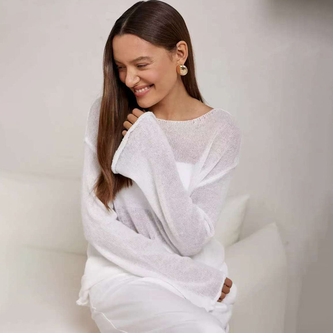 Damen Off-Shoulder Pullover Feinstrick Weit Schnitt Beige - Eveloria