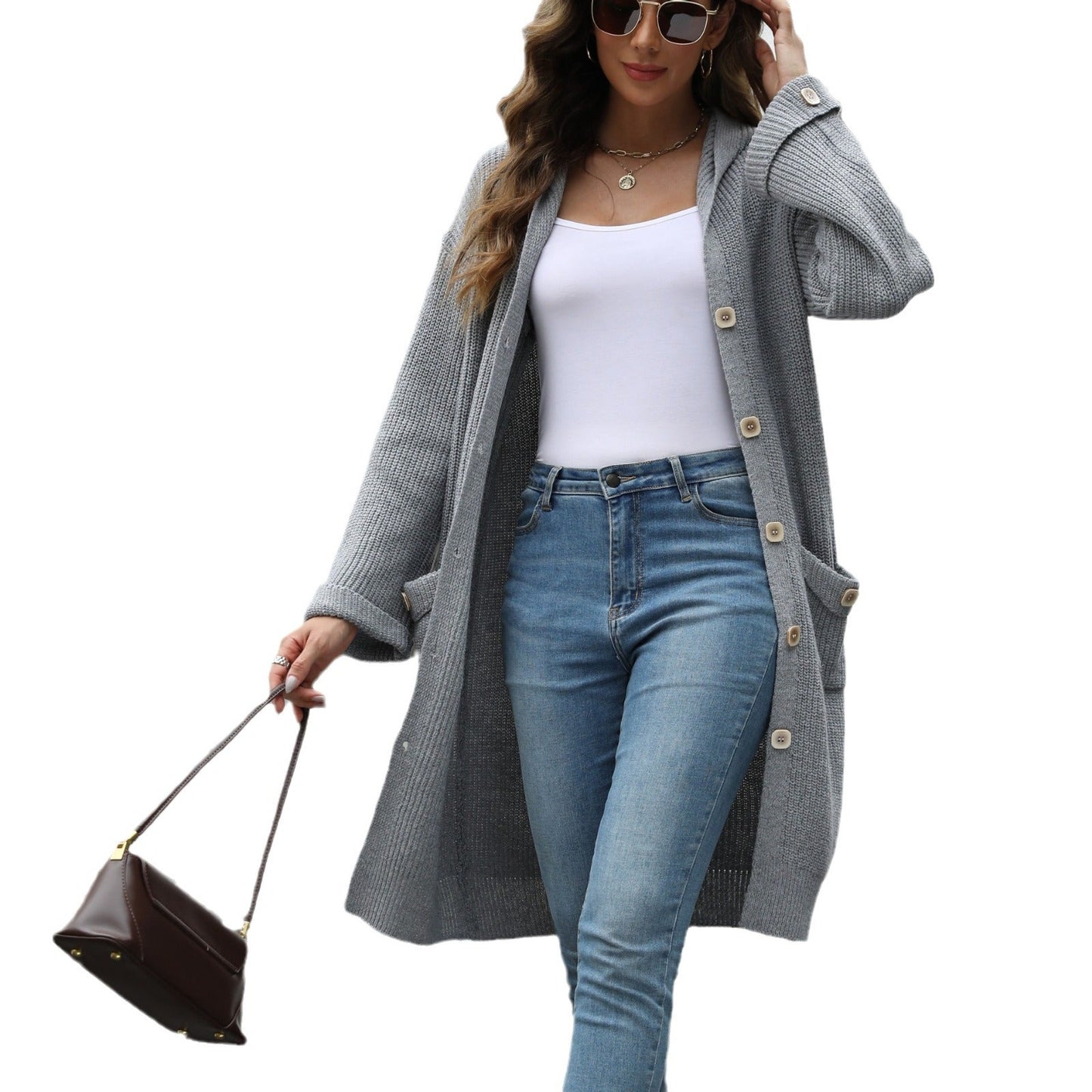 Damen Strickcardigan Weich Modische Knöpfe Beige