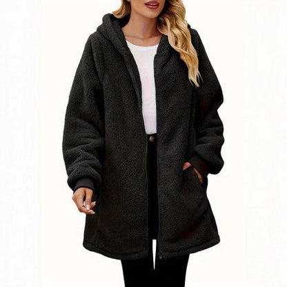 Damen Fleece-Mantel mit Taschen und Kapuze - Eveloria