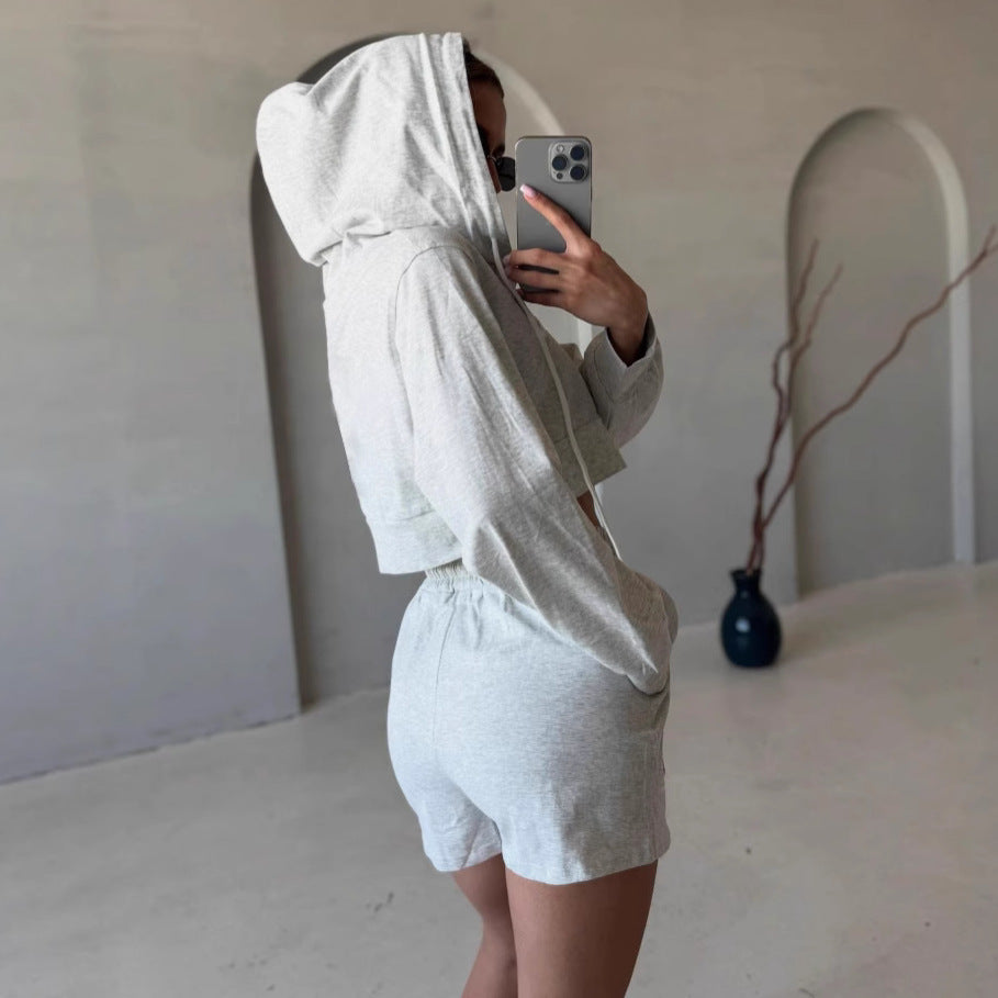 Damen Cropped Kapuzenjacke Shorts Set Eveloria