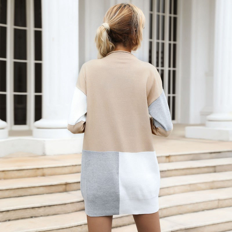 Damen Strickkleid Farbblock-Design Taillierter Gürtel