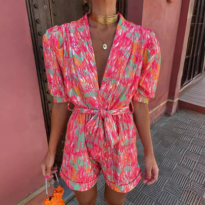 Damen Jumpsuit V-Ausschnitt Knöpfgürtel Eveloria