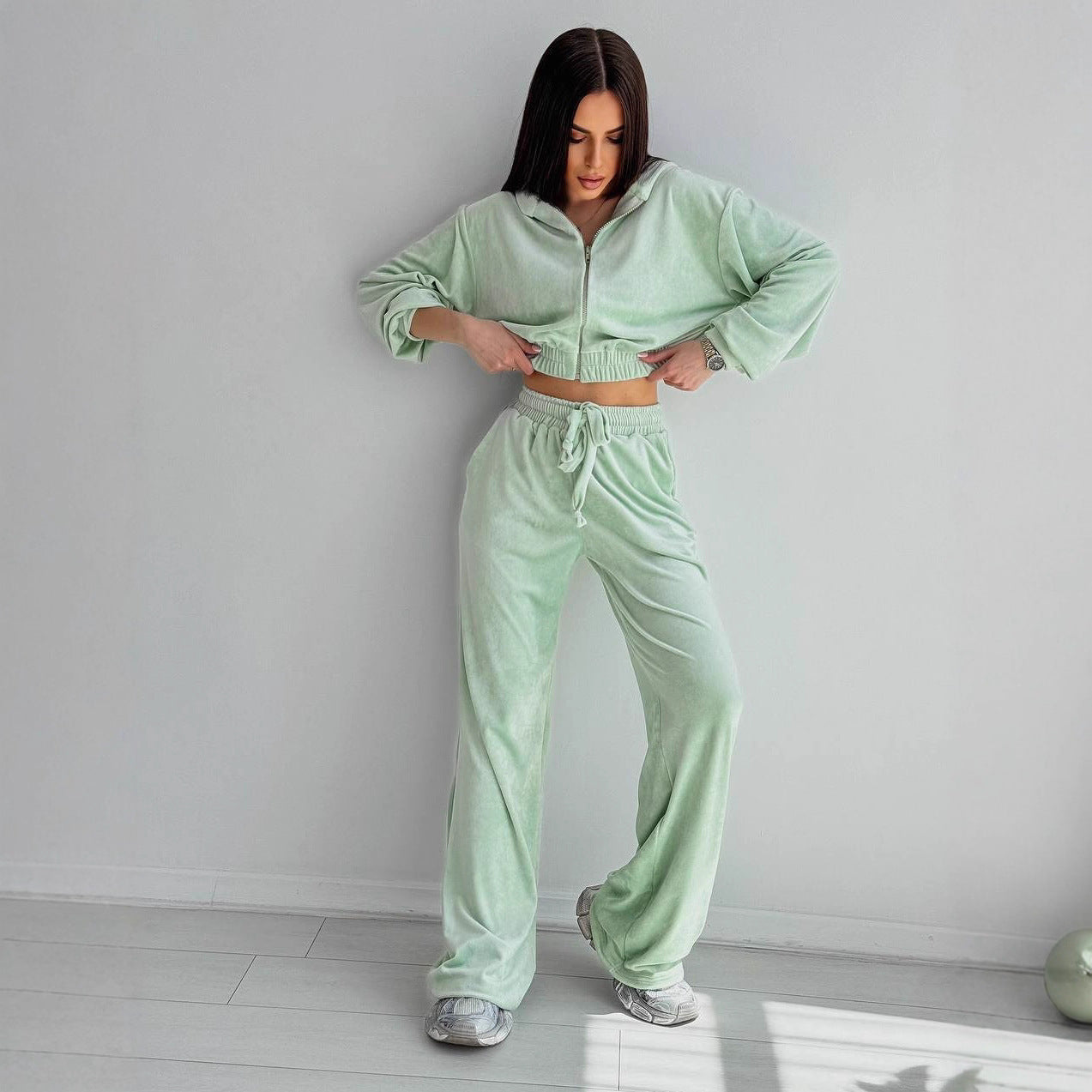 Damen Velours Freizeitanzug Cropped Oberteil Weites Bein