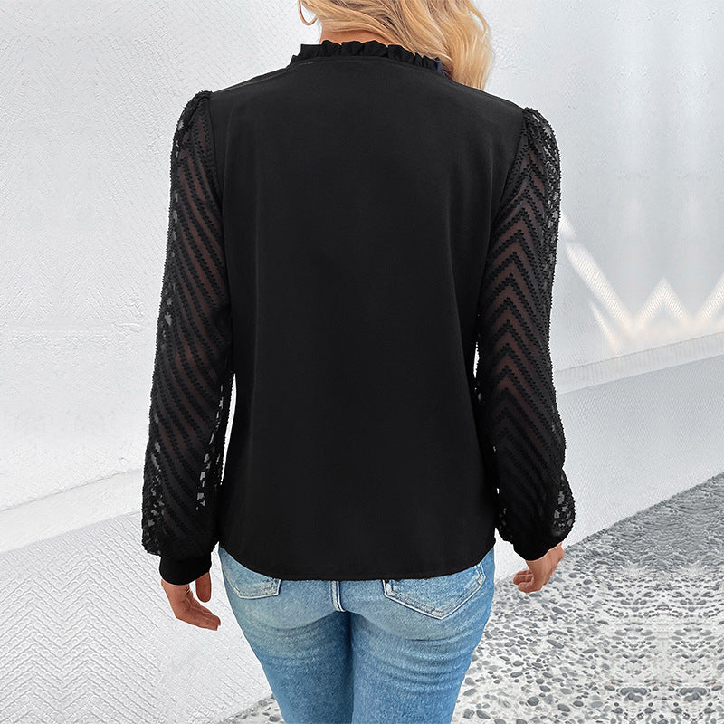 Damen Bluse Rüschendetails transparente Spitze Elegant