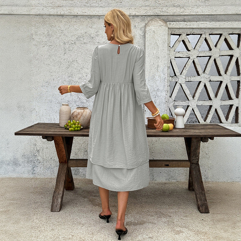 Damen Midi-Kleid Schwingrock Puffärmel Elegantes Design