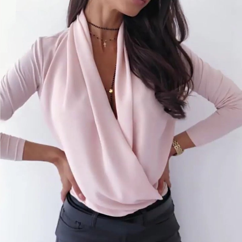 Damen Wickelbluse V-Ausschnitt Elegante Lange Ärmel Eveloria