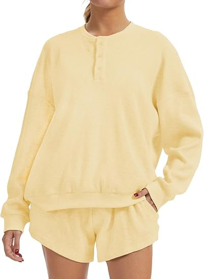 Damen Oversized Pullover Shorts Set Baumwolle Beige