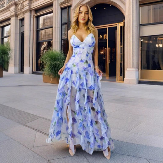 Damen Maxikleid Florale Rüschen Tiefes Dekolleté - Eveloria