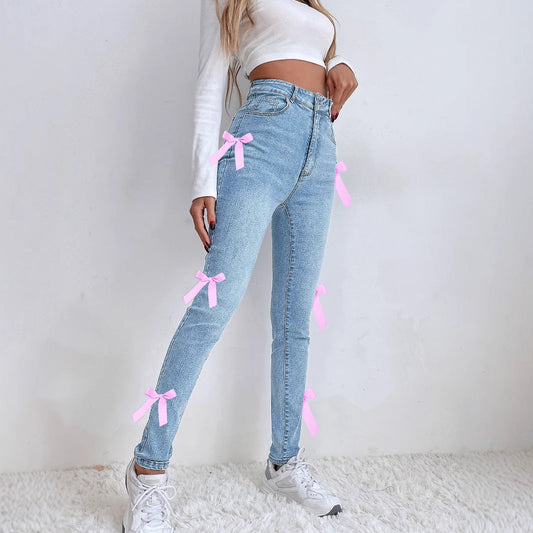 Damen High-Waist-Jeans mit Schleifendetails Schwarz - Eveloria