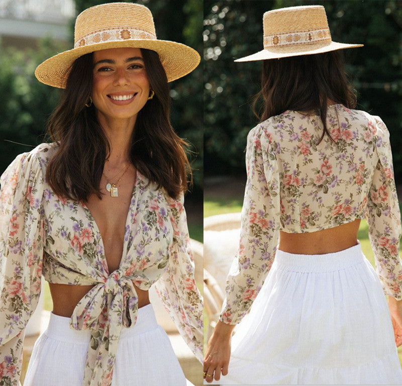 Damen Crop- Floralmuster Bindegürtel - Eveloria