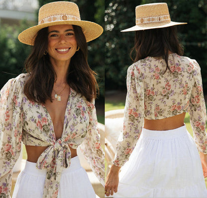 Damen Crop- Floralmuster Bindegürtel - Eveloria