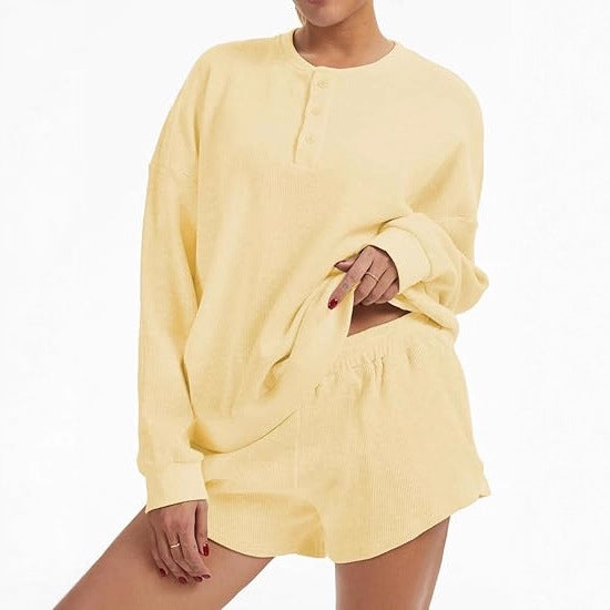 Damen Oversized Pullover Shorts Set Baumwolle Beige