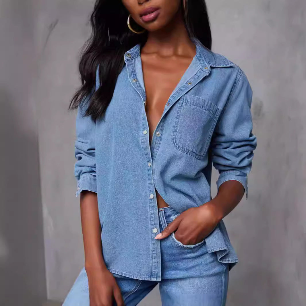 Damen Jeanshemd mit Brusttasche und modischen Akzenten Blau Eveloria - Eveloria