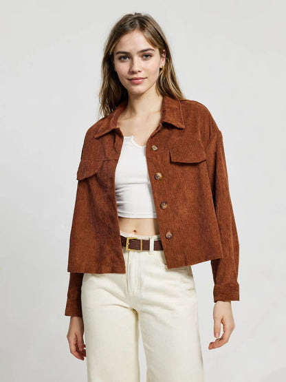 Damen Cordjacke Lässiger Schnitt Praktische Taschen Braun