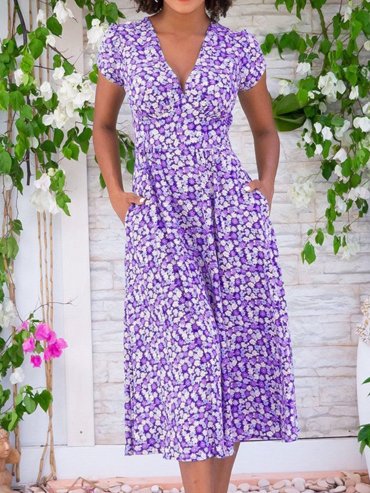 Geblümtes Damenkleid V-Ausschnitt Kurzärmelig Sommerkleid