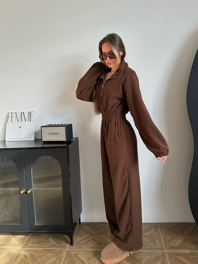 Damen Fleece-Jumpsuit Oversized Stehkragen Elastisch Eveloria