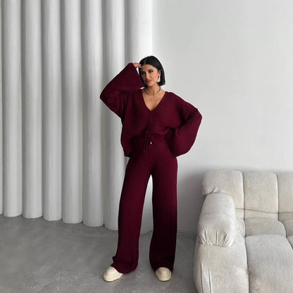 Damen Strickanzug Lässig Weites Oberteil Bequeme Hose Eveloria