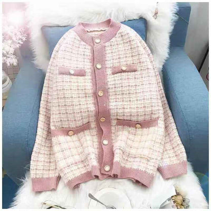Damen Strickjacke Karomuster Dekorative Knöpfe
