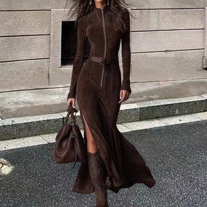 Damen Langarmkleid Reißverschluss seitliche Schlitze Eveloria