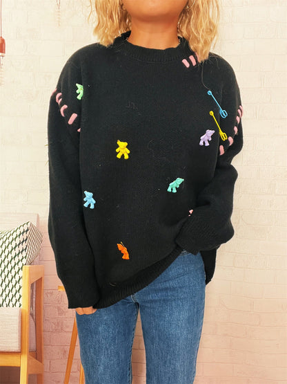 Damen Pullover Bunte Applikationen Weite Passform