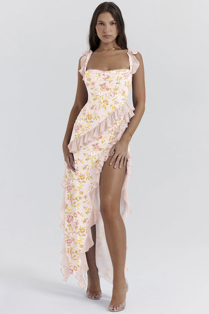 Damen Asymmetrisches Kleid Rüschendetails Floralmuster Eveloria