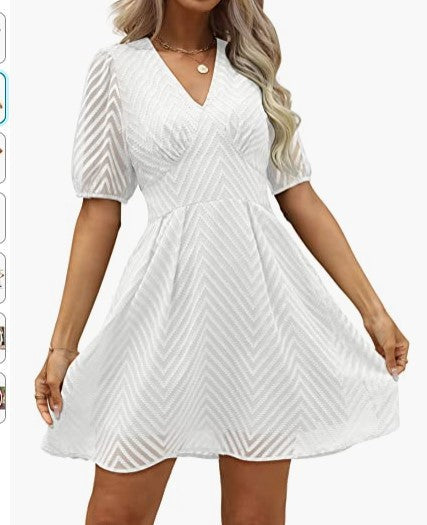 Damen Kleid mit gepufften Ärmeln und V-Ausschnitt Eveloria